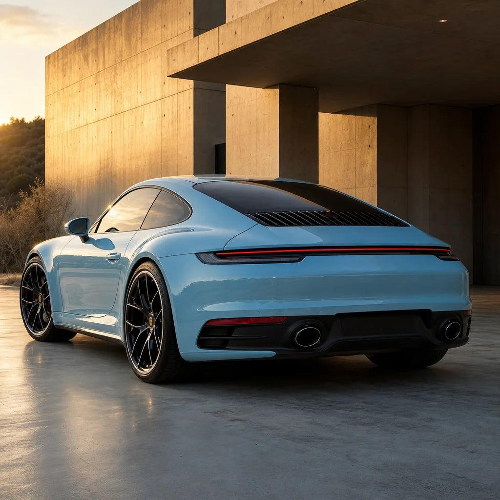 Luxury car wrapped in Glossy Baby Blue gloss colored PPF at golden hour | Veloro