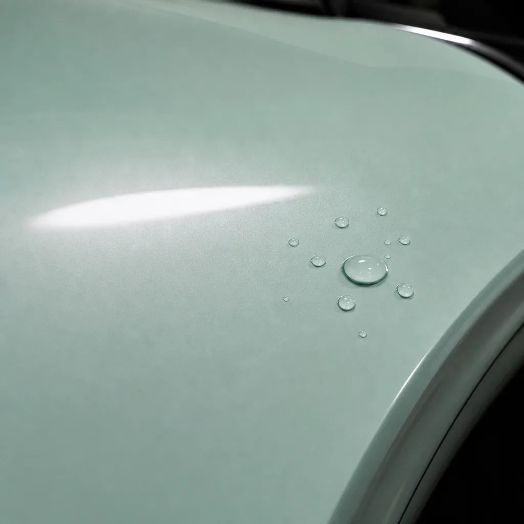 Close-up of Glossy Cragginess Green gloss colored PPF surface texture | Veloro