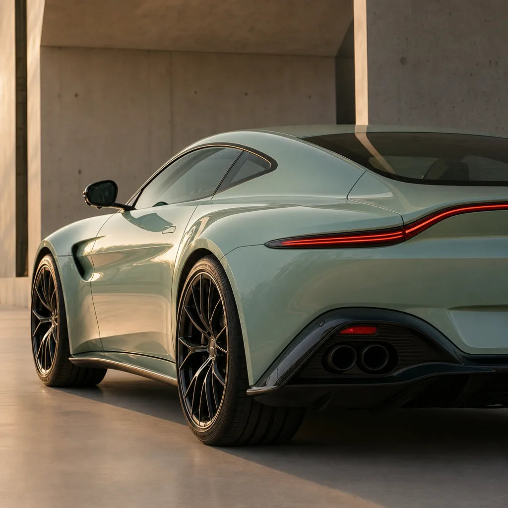 Luxury car wrapped in Glossy Cragginess Green gloss colored PPF at golden hour | Veloro