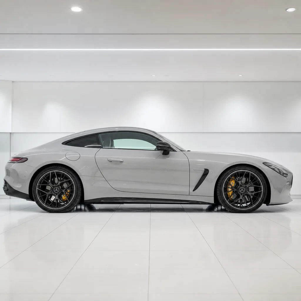 Glossy Crystal White gloss colored PPF wrapped on a Mercedes-AMG GT side profile | Veloro