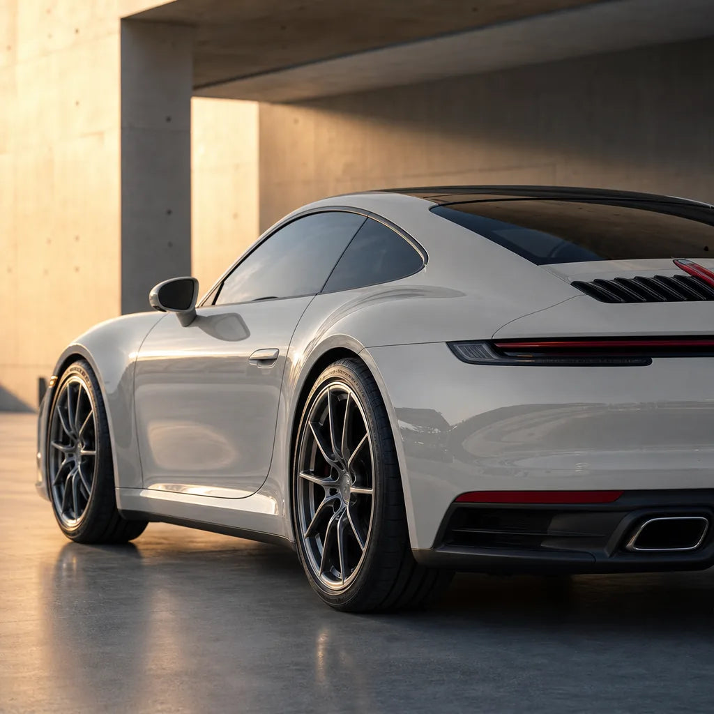 Luxury car wrapped in Glossy Crystal White gloss colored PPF at golden hour | Veloro