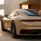 Luxury car wrapped in Glossy Cuban Sand Yellow gloss colored PPF at golden hour | Veloro