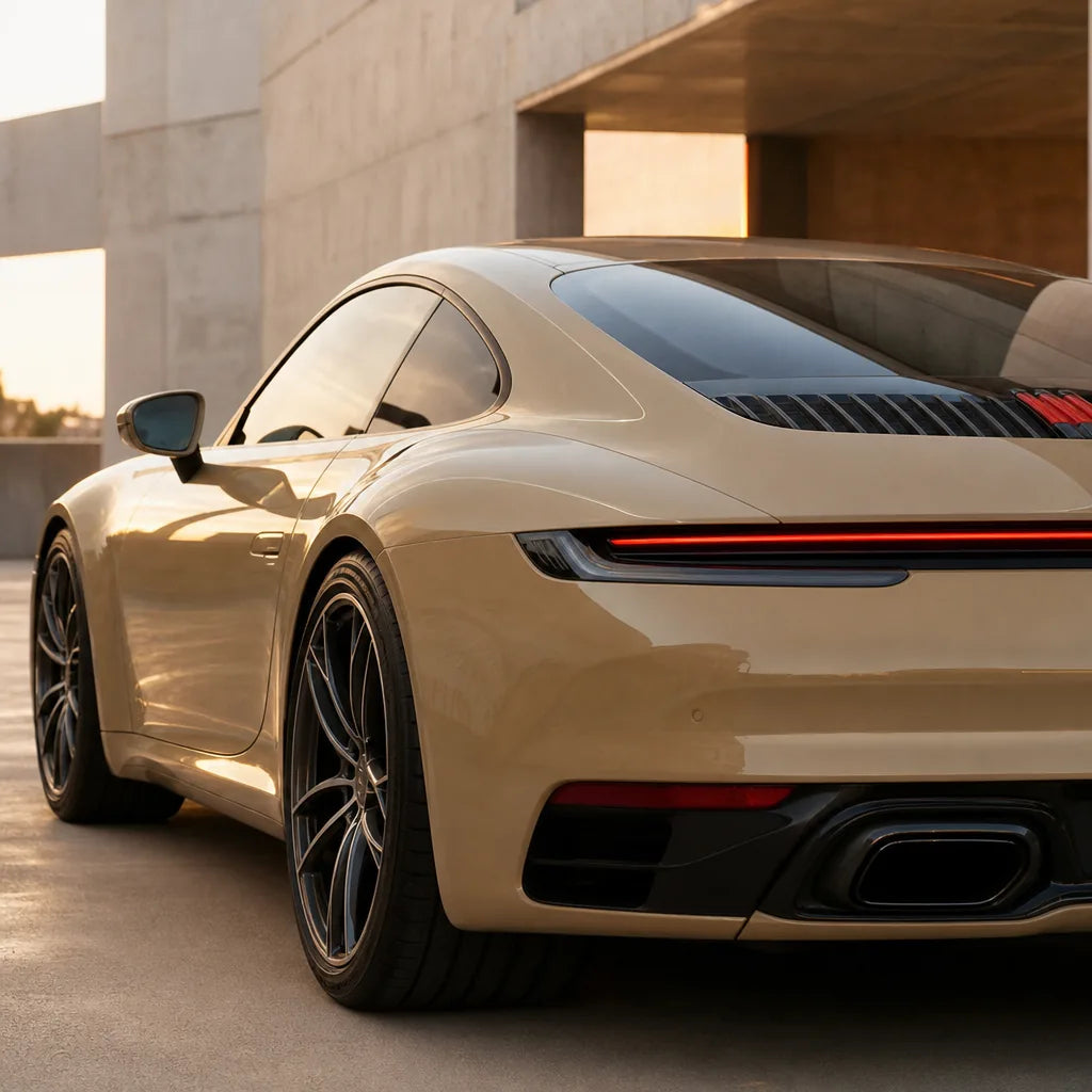 Luxury car wrapped in Glossy Cuban Sand Yellow gloss colored PPF at golden hour | Veloro