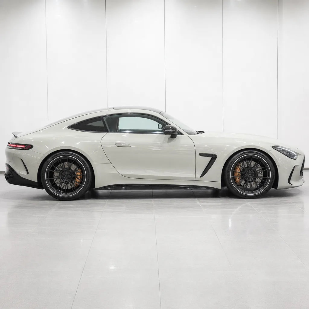 Glossy Diamond White Pink gloss colored PPF wrapped on a Mercedes-AMG GT side profile | Veloro