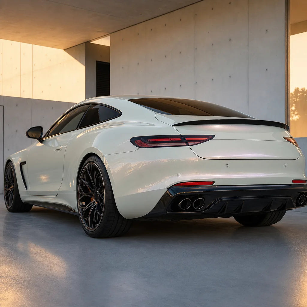 Luxury car wrapped in Glossy Diamond White Pink gloss colored PPF at golden hour | Veloro