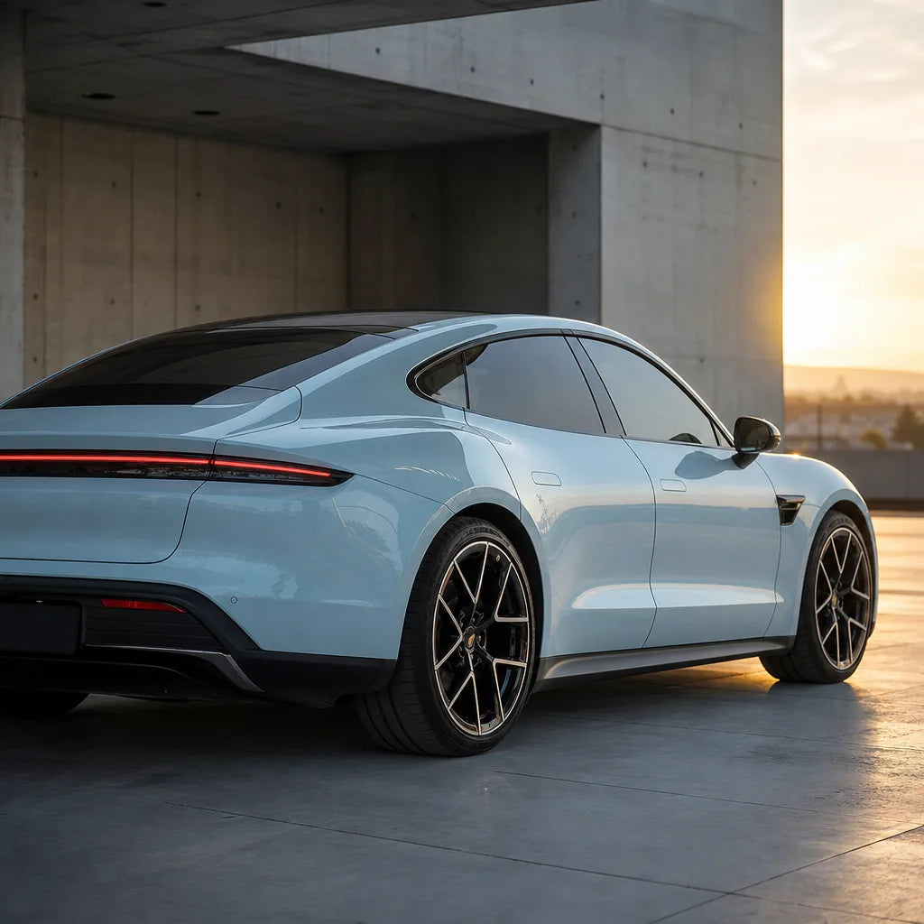 Luxury car wrapped in Glossy Glacier Blue gloss colored PPF at golden hour | Veloro