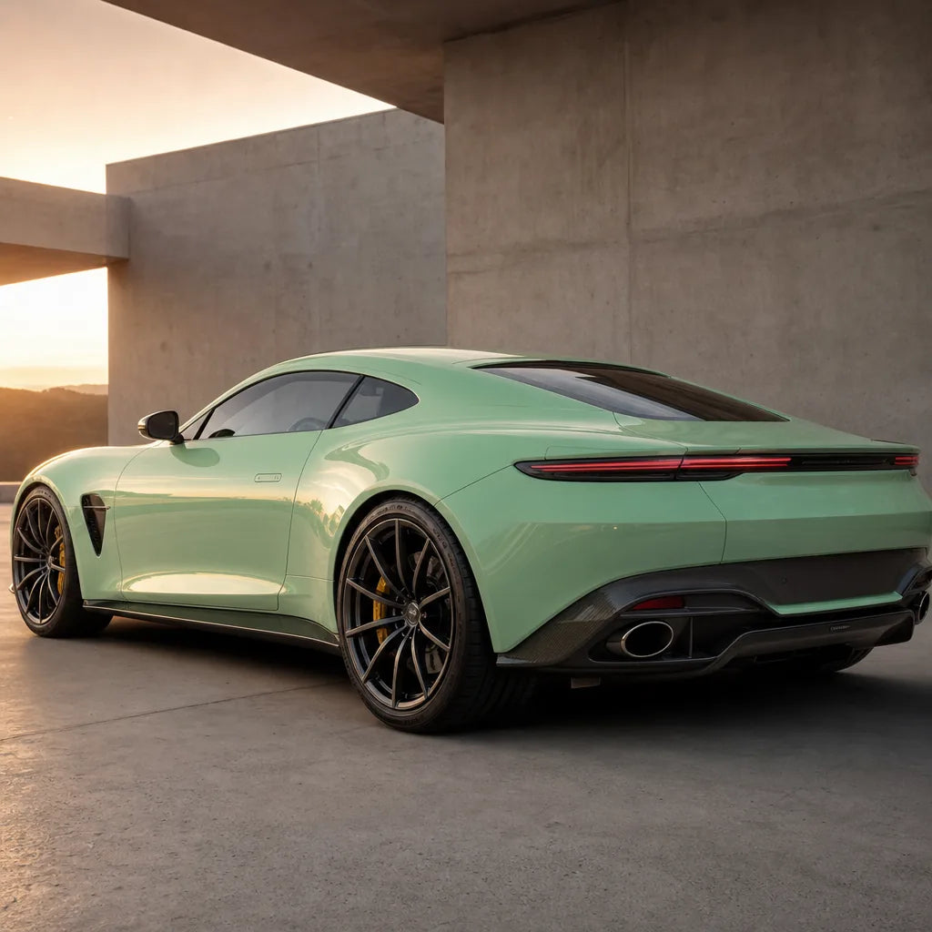 Luxury car wrapped in Glossy Hazy Green gloss colored PPF at golden hour | Veloro