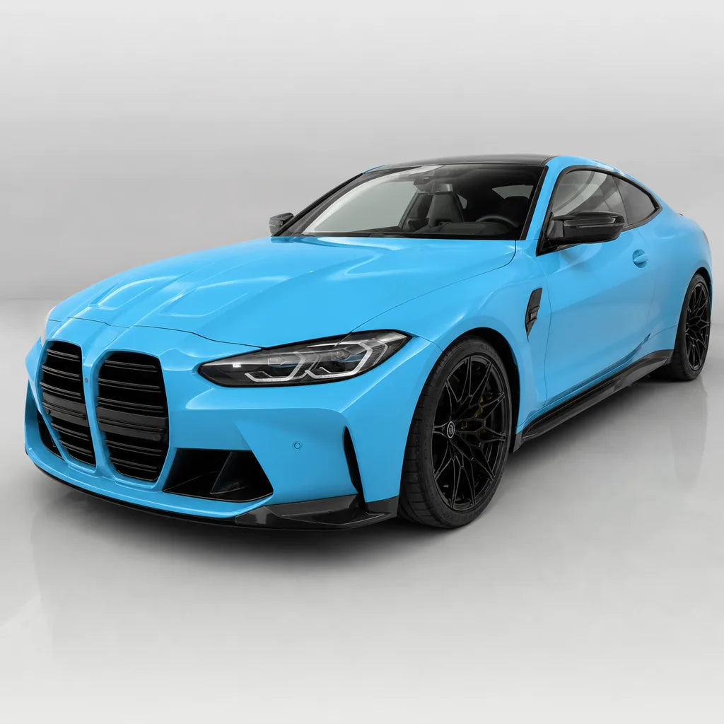 Glossy Light Sky Blue gloss colored PPF wrapped on a BMW M4 | Veloro