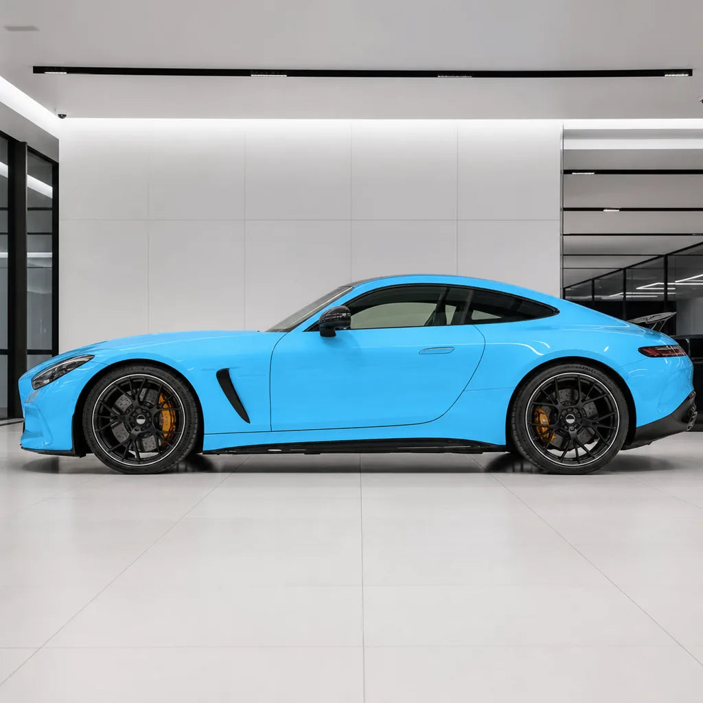 Glossy Light Sky Blue gloss colored PPF wrapped on a Mercedes-AMG GT side profile | Veloro