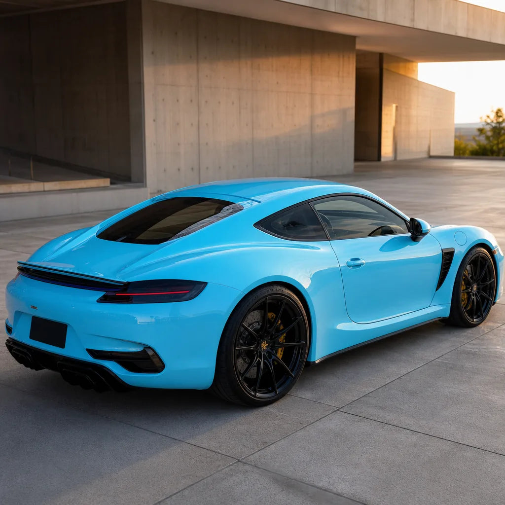 Luxury car wrapped in Glossy Light Sky Blue gloss colored PPF at golden hour | Veloro