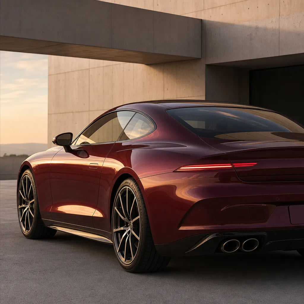 Luxury car wrapped in Glossy Liquid Metallic Dragon Blood Red gloss colored PPF at golden hour | Veloro