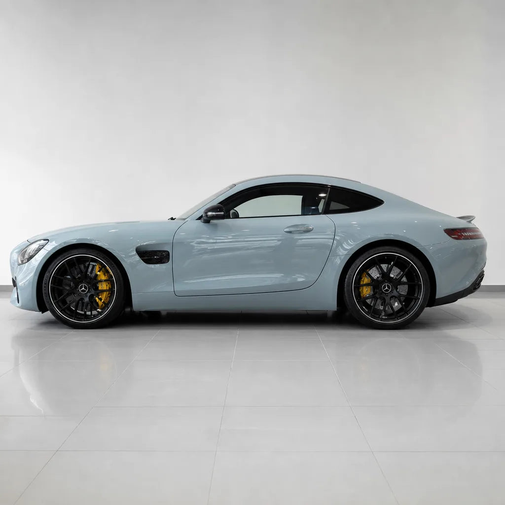 Glossy Meissen Blue gloss colored PPF wrapped on a Mercedes-AMG GT side profile | Veloro