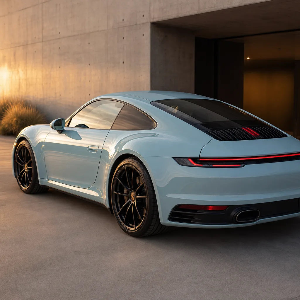 Luxury car wrapped in Glossy Meissen Blue gloss colored PPF at golden hour | Veloro