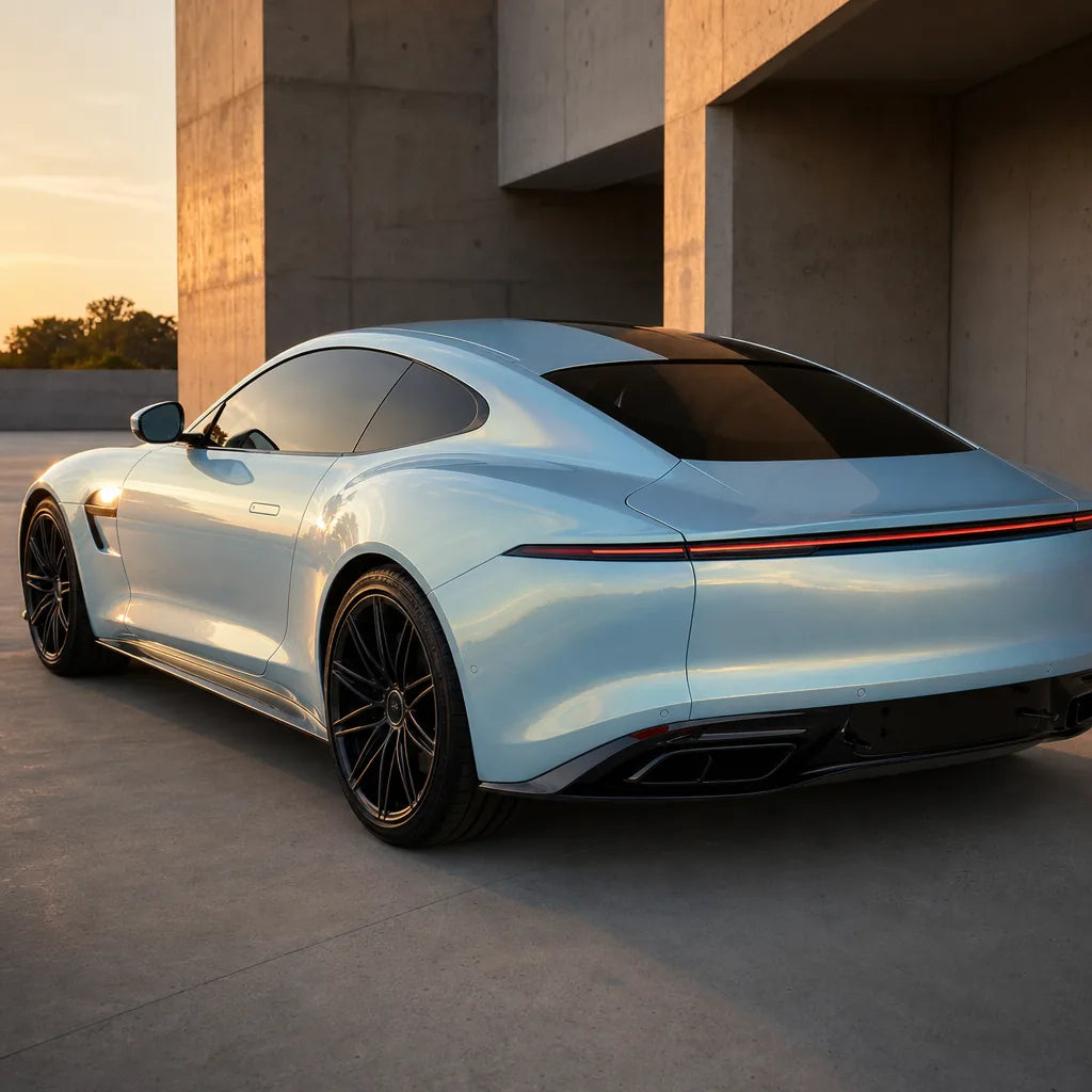 Luxury car wrapped in Glossy Metallic Chameleon Gold Blue gloss colored PPF at golden hour | Veloro