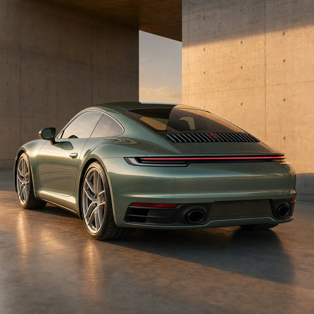 Luxury car wrapped in Glossy Metallic Francesca Green gloss colored PPF at golden hour | Veloro