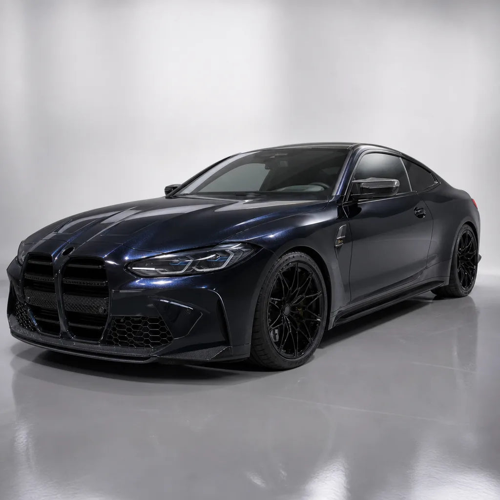 Glossy Metallic Glitter Black Blue gloss colored PPF wrapped on a BMW M4 | Veloro