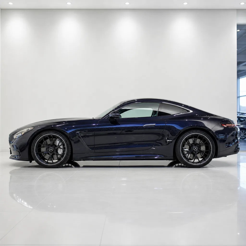 Glossy Metallic Glitter Black Blue gloss colored PPF wrapped on a Mercedes-AMG GT side profile | Veloro