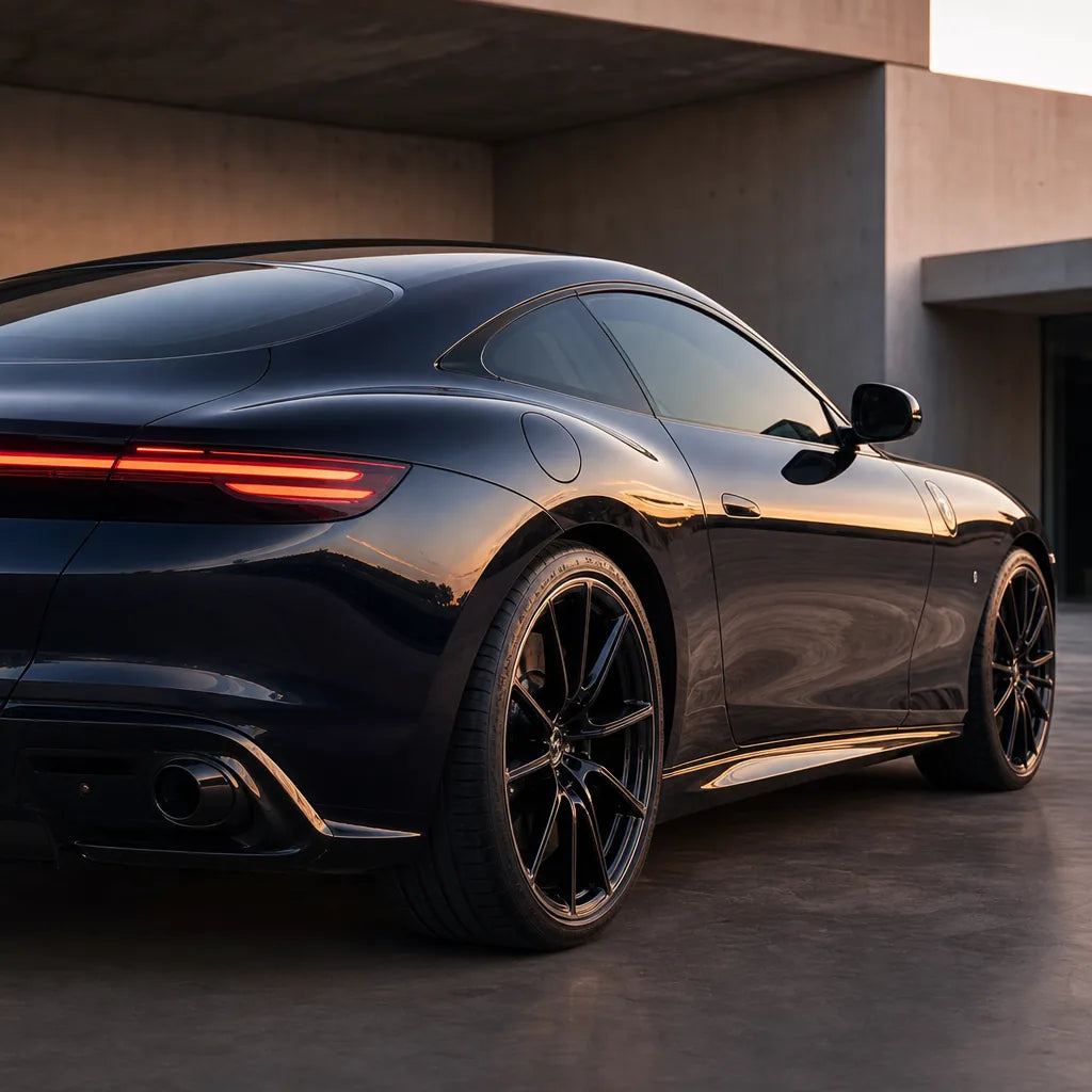 Luxury car wrapped in Glossy Metallic Glitter Black Blue gloss colored PPF at golden hour | Veloro