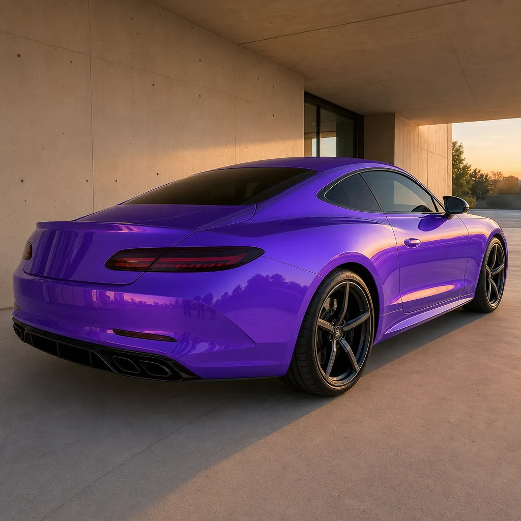 Luxury car wrapped in Glossy Metallic Royalty Explosion Purple gloss colored PPF at golden hour | Veloro