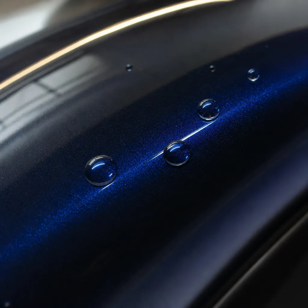 Close-up of Glossy Metallic Tanzanite Blue gloss colored PPF surface texture | Veloro