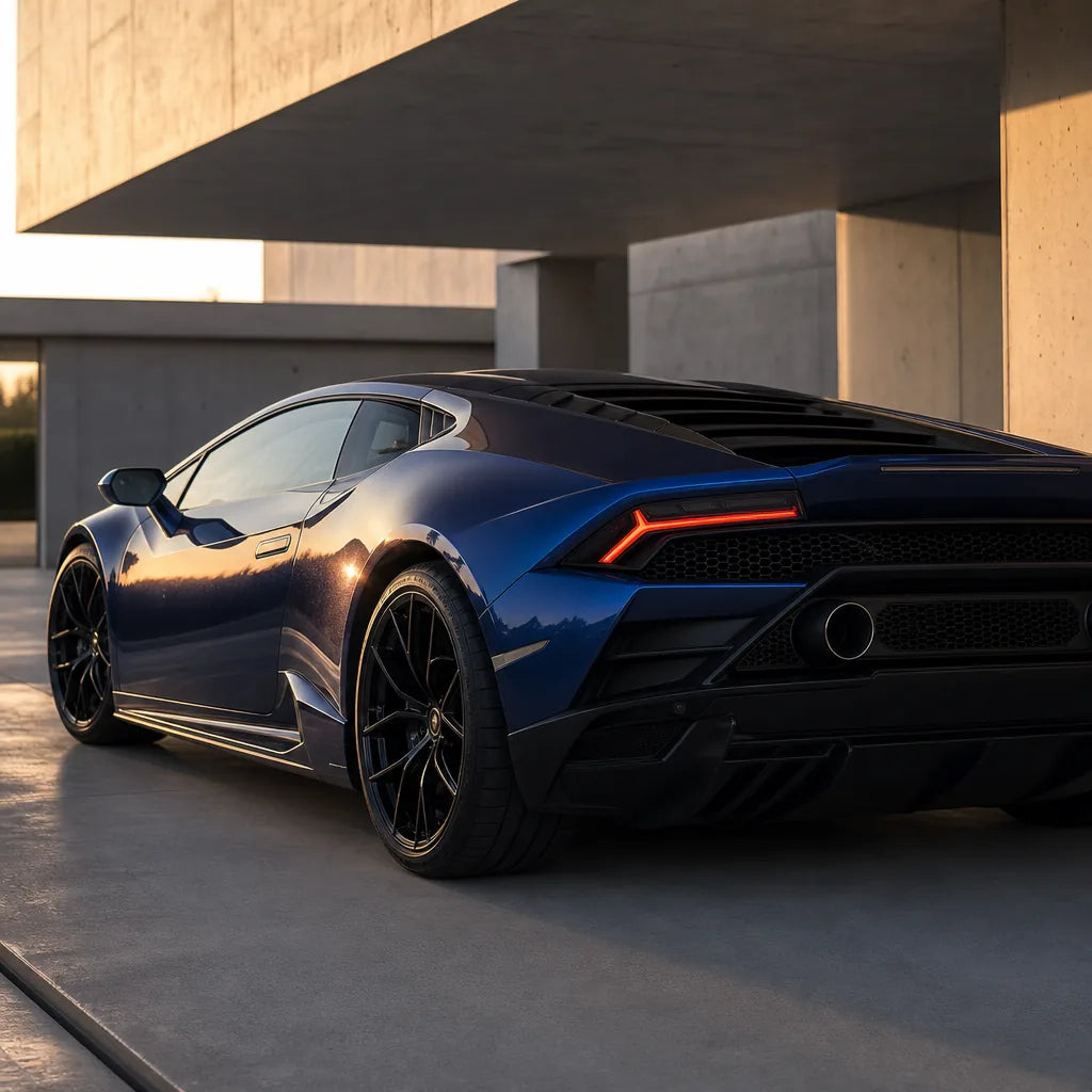 Luxury car wrapped in Glossy Metallic Tanzanite Blue gloss colored PPF at golden hour | Veloro