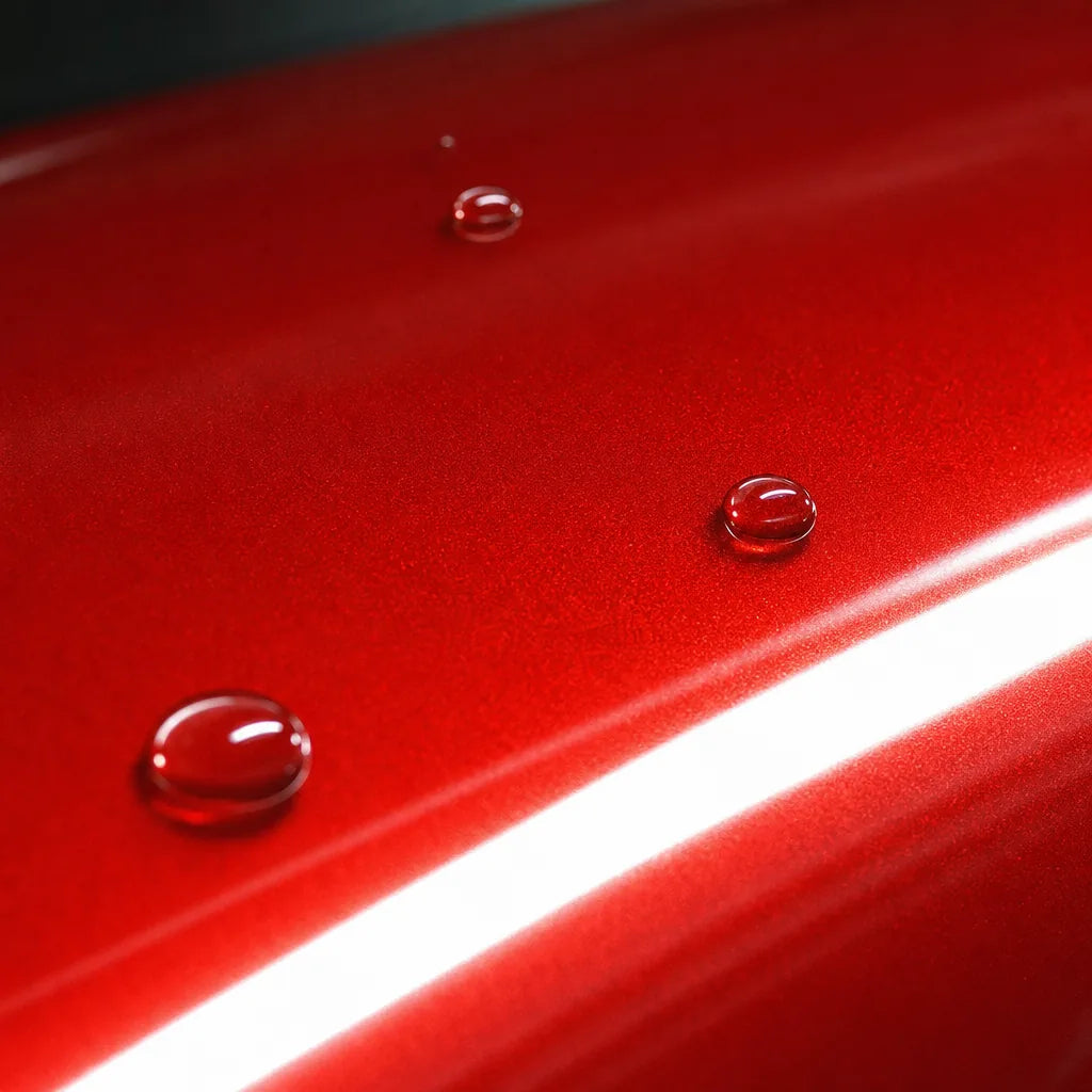 Close-up of Glossy Metallic Vampire Red gloss colored PPF surface texture | Veloro
