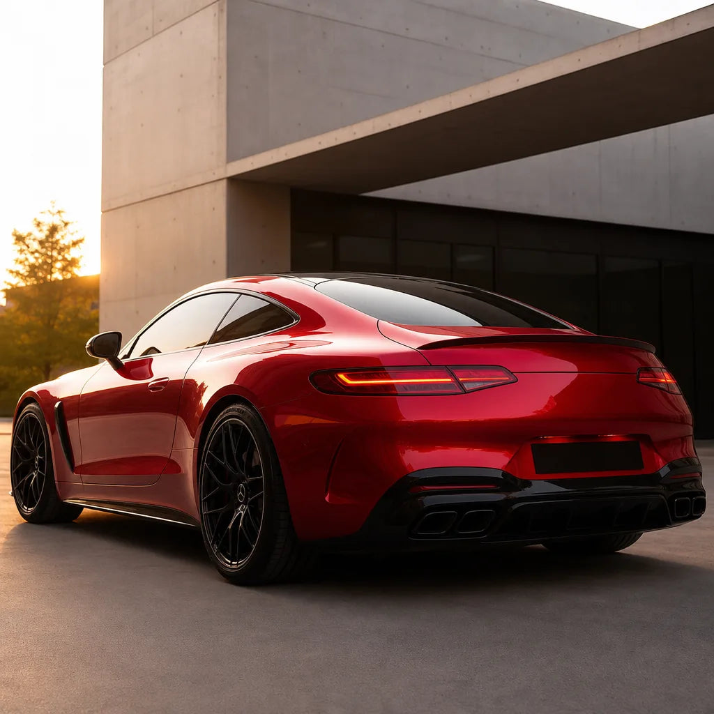 Luxury car wrapped in Glossy Metallic Vampire Red gloss colored PPF at golden hour | Veloro