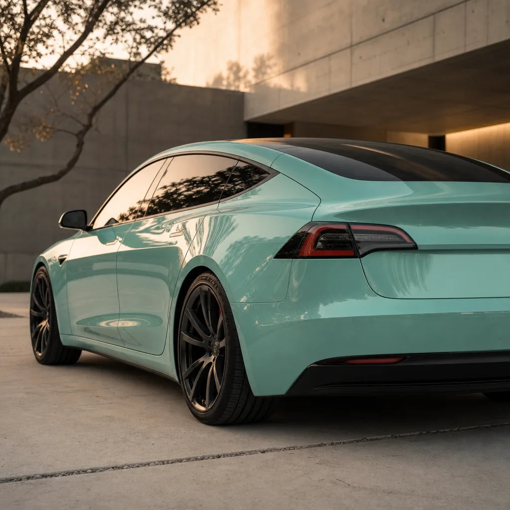 Luxury car wrapped in Glossy Mint Green gloss colored PPF at golden hour | Veloro