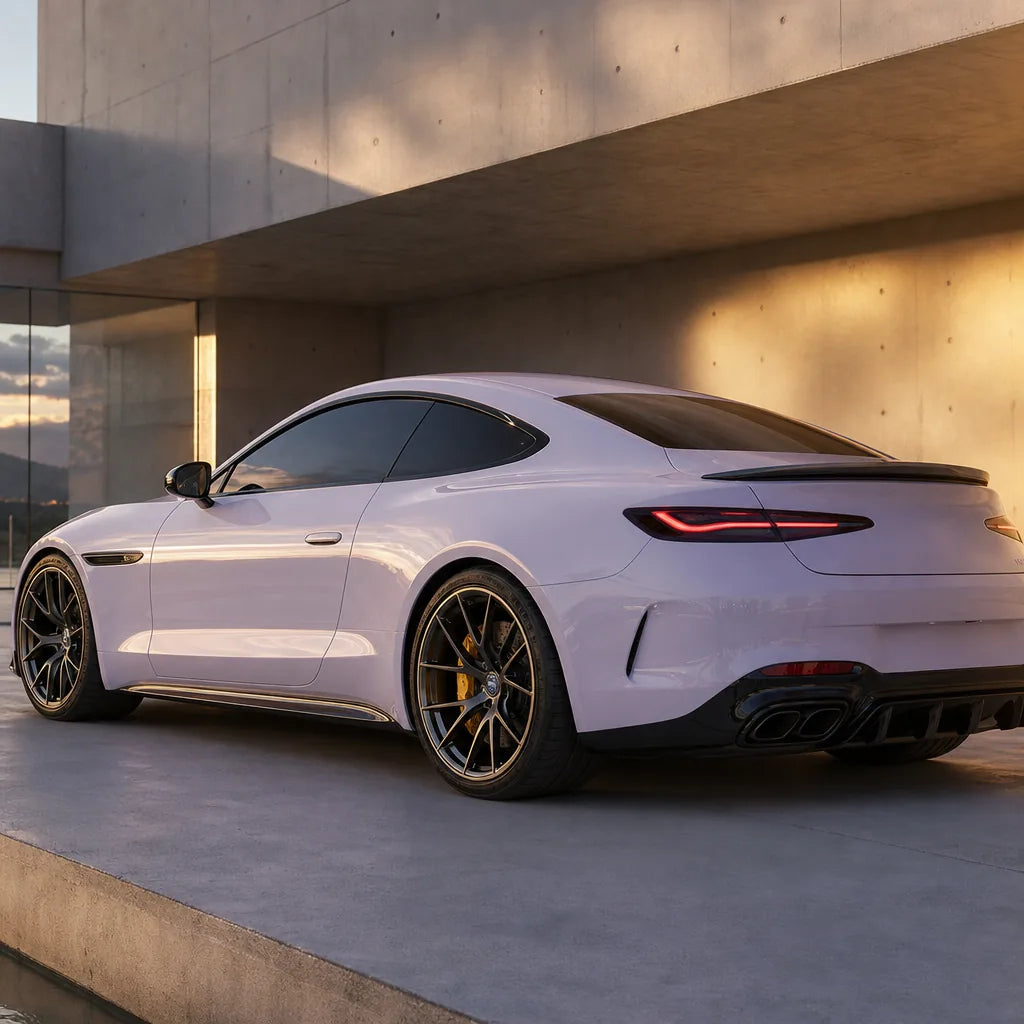 Luxury car wrapped in Glossy Misty Purple gloss colored PPF at golden hour | Veloro