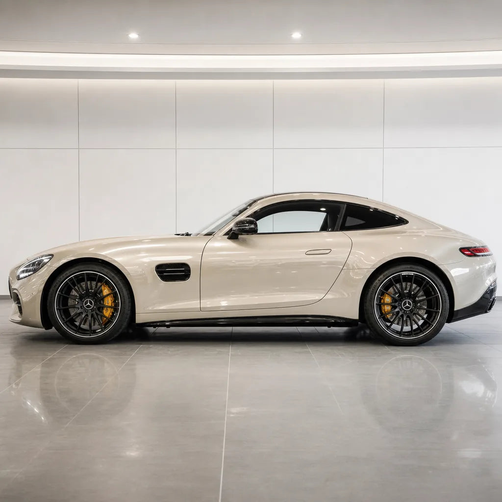 Glossy Moon White Pearl gloss colored PPF wrapped on a Mercedes-AMG GT side profile | Veloro