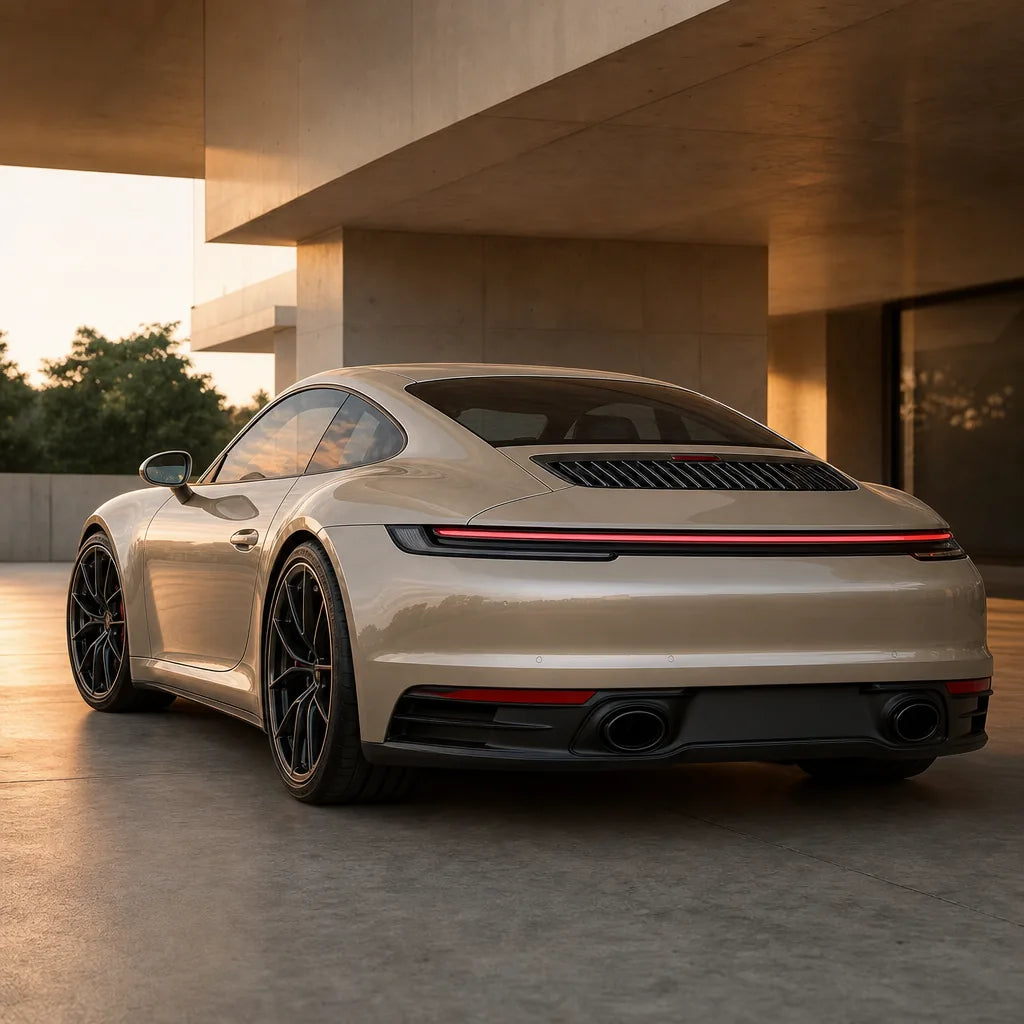 Luxury car wrapped in Glossy Moon White Pearl gloss colored PPF at golden hour | Veloro