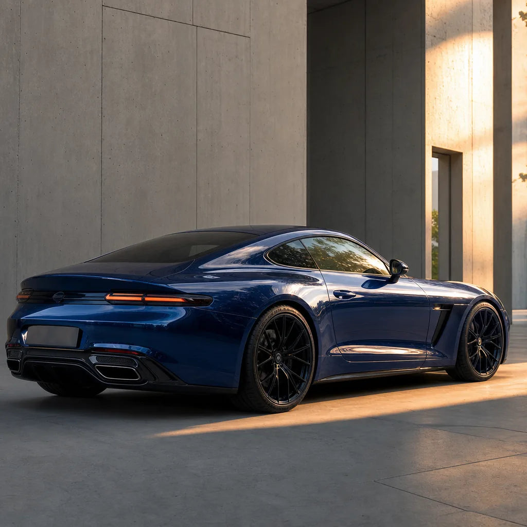 Luxury car wrapped in Glossy Neptune Blue gloss colored PPF at golden hour | Veloro