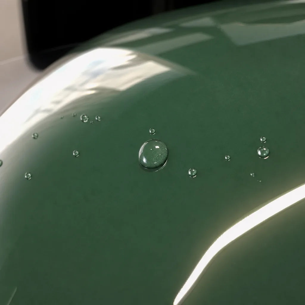 Close-up of Glossy Onium Green gloss colored PPF surface texture | Veloro