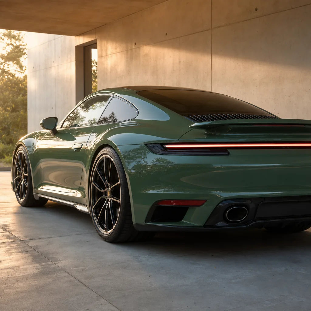 Luxury car wrapped in Glossy Onium Green gloss colored PPF at golden hour | Veloro
