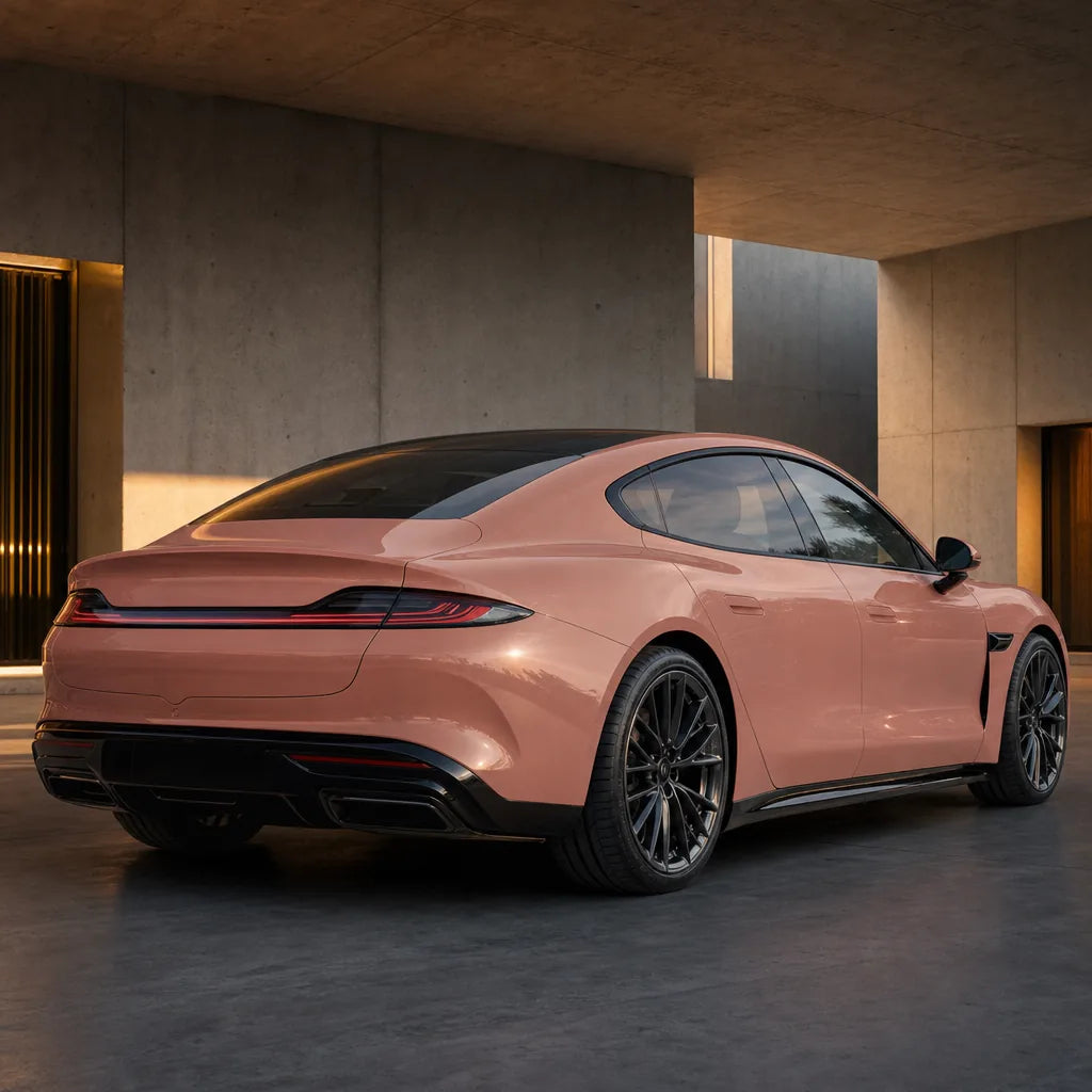 Luxury car wrapped in Glossy Pearl Baby Pink gloss colored PPF at golden hour | Veloro