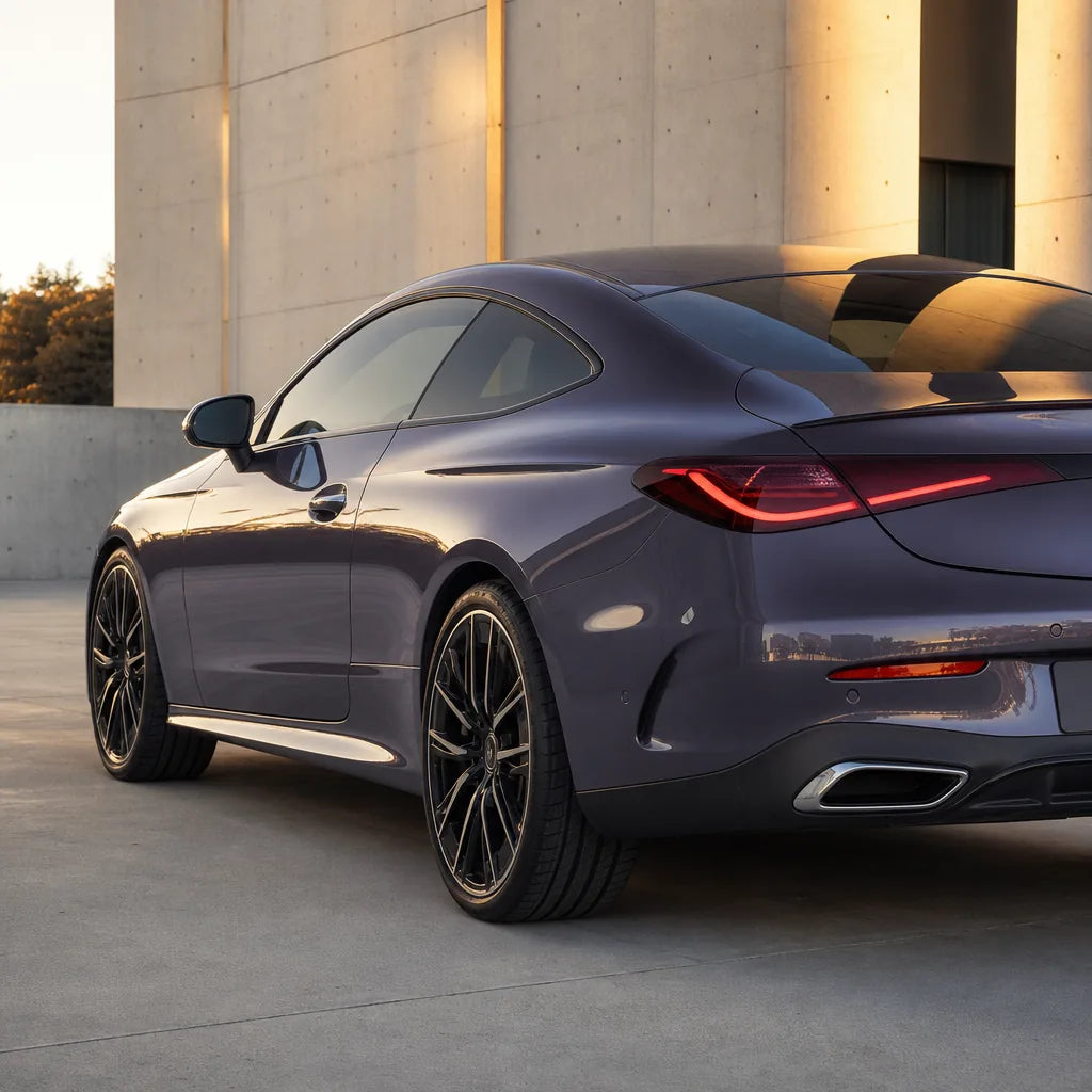 Luxury car wrapped in Glossy Provence Lavender Purple gloss colored PPF at golden hour | Veloro