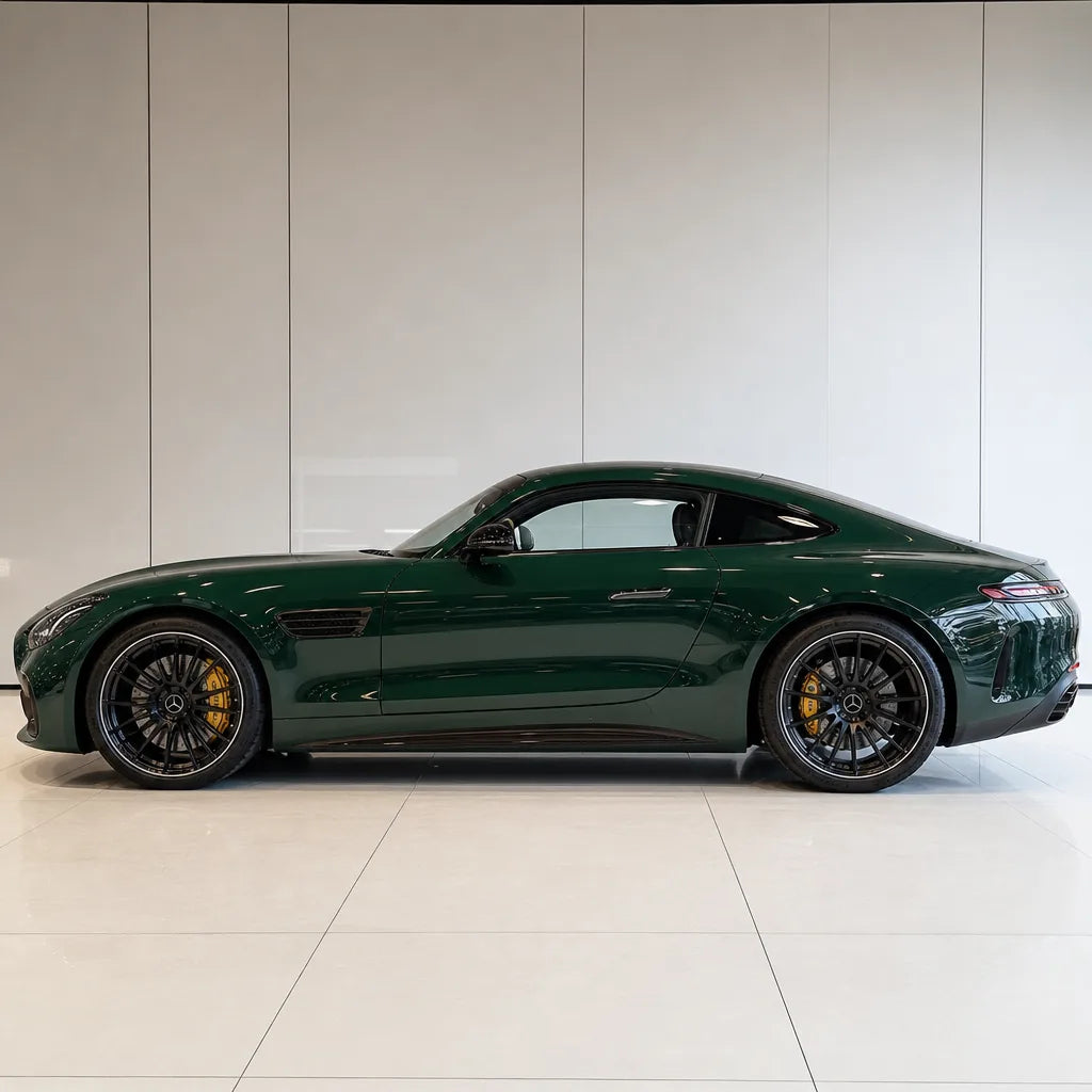 Glossy Racing Green gloss colored PPF wrapped on a Mercedes-AMG GT side profile | Veloro