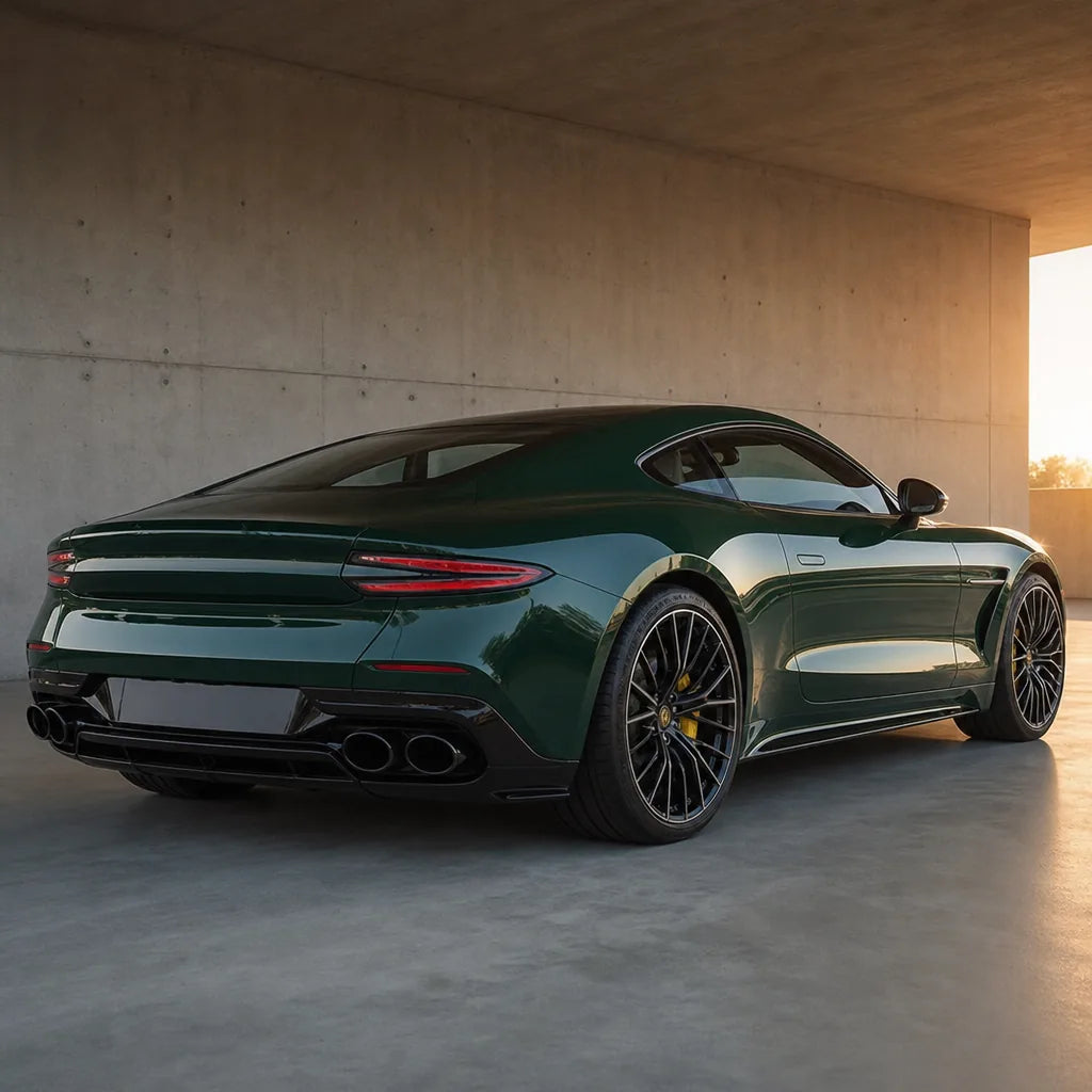 Luxury car wrapped in Glossy Racing Green gloss colored PPF at golden hour | Veloro