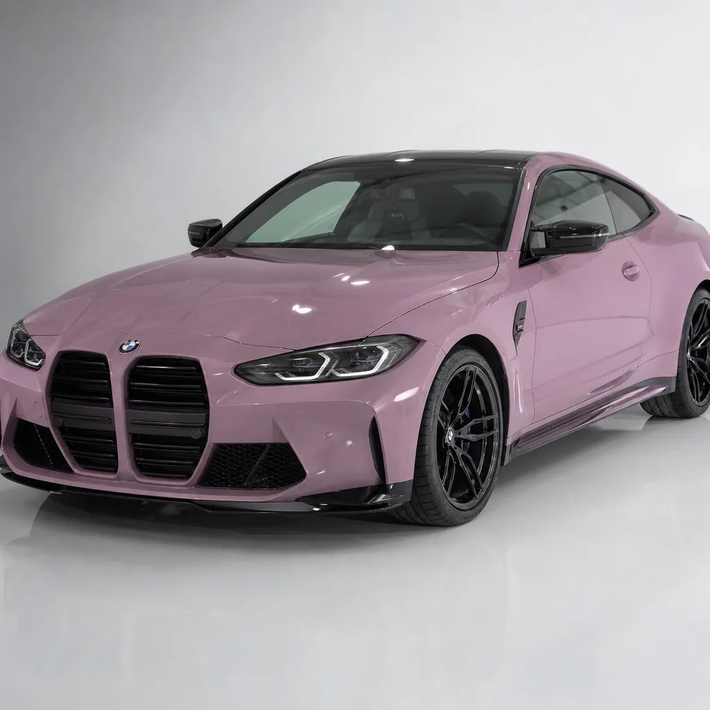 Glossy Rose Latte Pink gloss colored PPF wrapped on a BMW M4 | Veloro