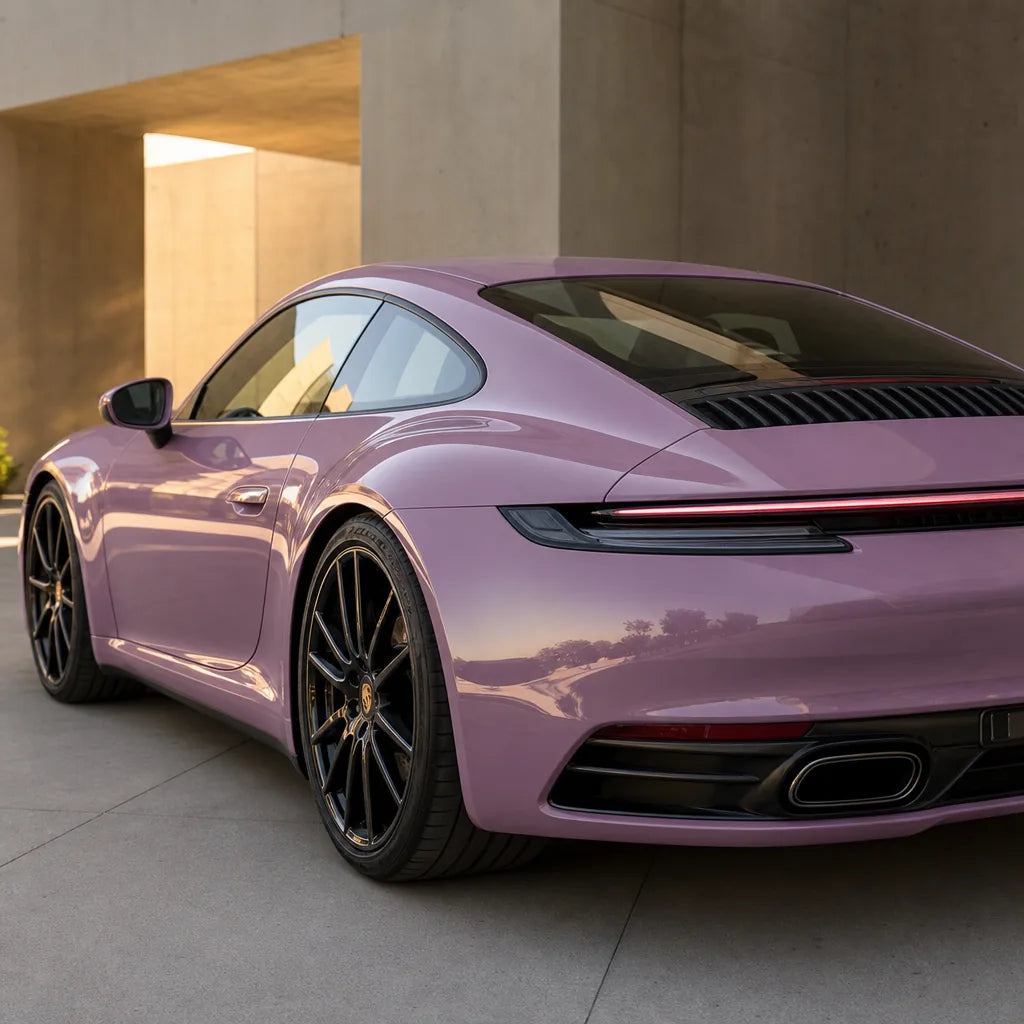 Luxury car wrapped in Glossy Rose Latte Pink gloss colored PPF at golden hour | Veloro