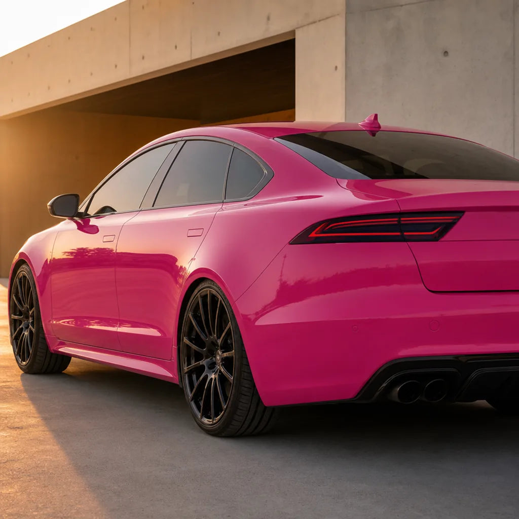 Luxury car wrapped in Glossy Rose Red gloss colored PPF at golden hour | Veloro