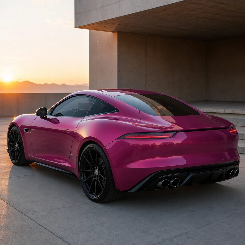 Luxury car wrapped in Glossy Ruby Star gloss colored PPF at golden hour | Veloro