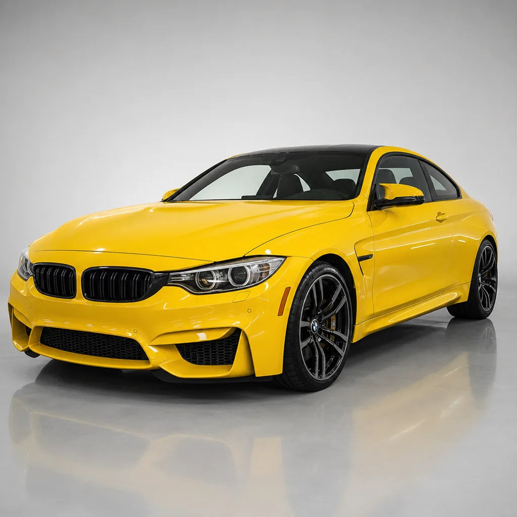 Glossy Signal Yellow gloss colored PPF wrapped on a BMW M4 | Veloro