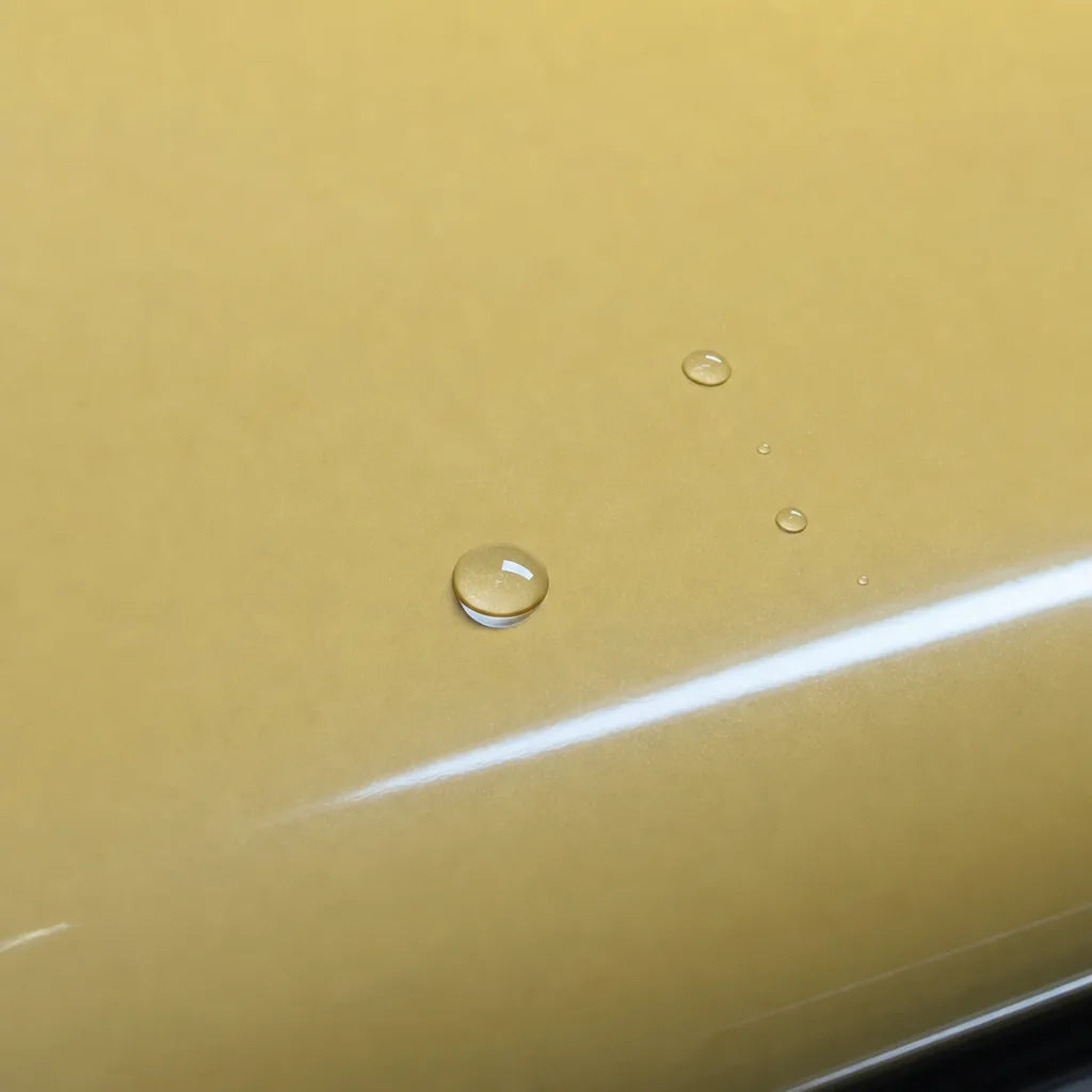 Close-up of Glossy Sunbath Yellow gloss colored PPF surface texture | Veloro
