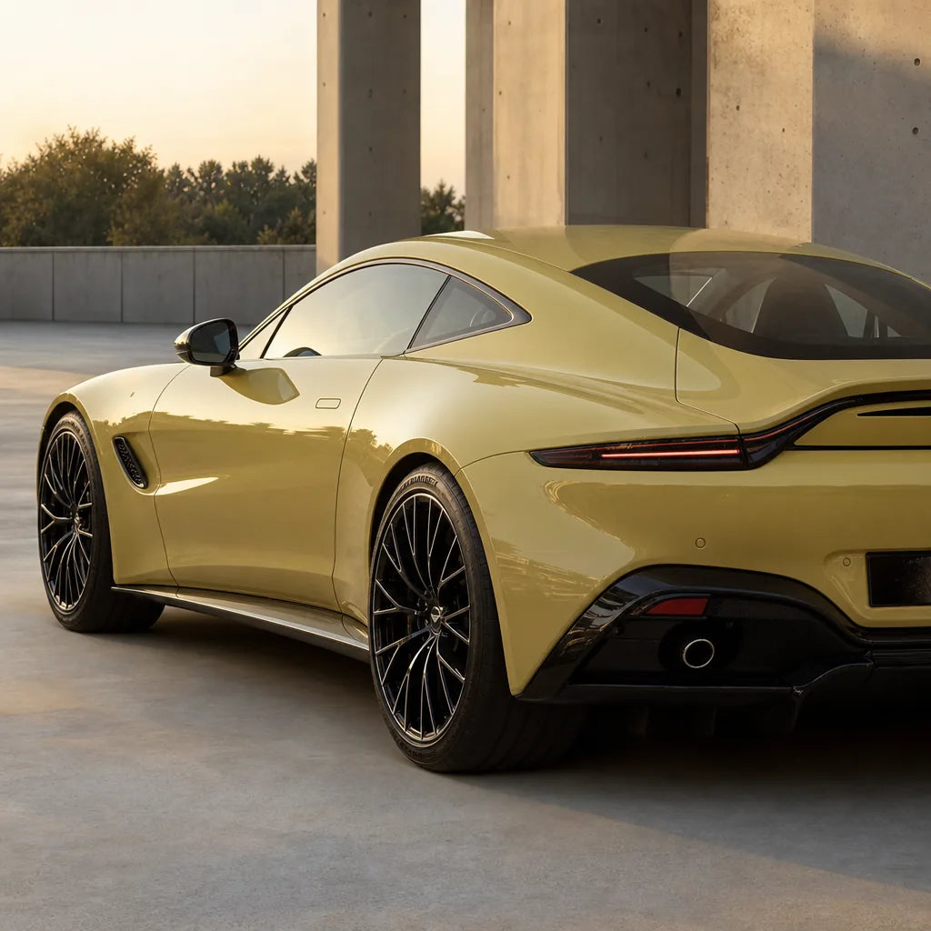 Luxury car wrapped in Glossy Sunbath Yellow gloss colored PPF at golden hour | Veloro