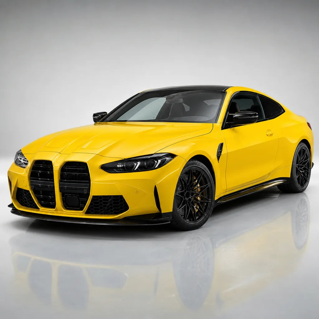 Glossy Sunflower Yellow gloss colored PPF wrapped on a BMW M4 | Veloro