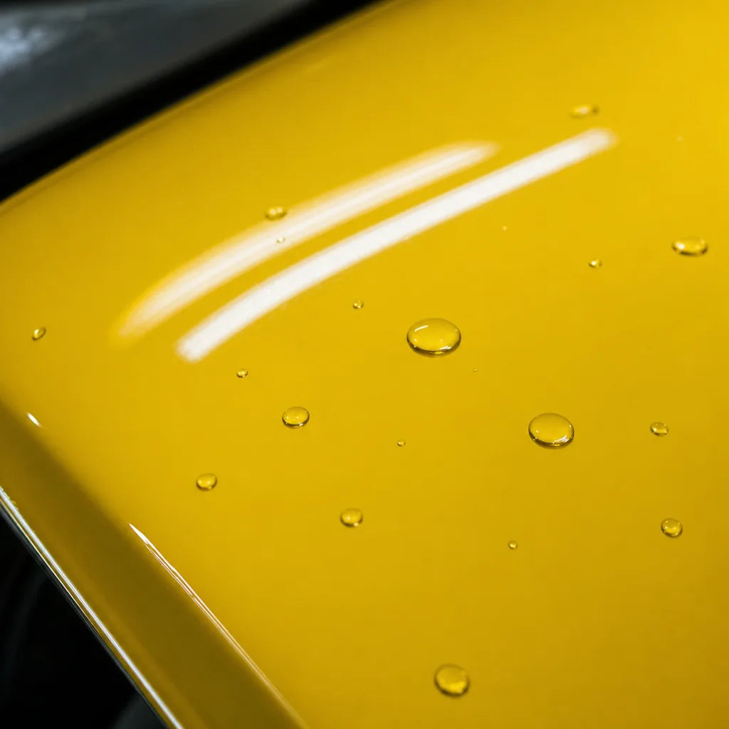 Close-up of Glossy Sunflower Yellow gloss colored PPF surface texture | Veloro