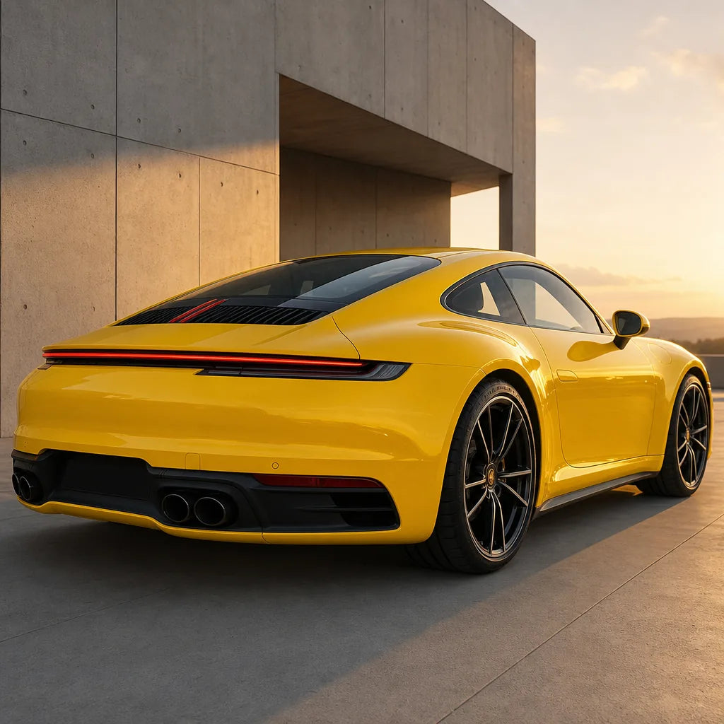 Luxury car wrapped in Glossy Sunflower Yellow gloss colored PPF at golden hour | Veloro