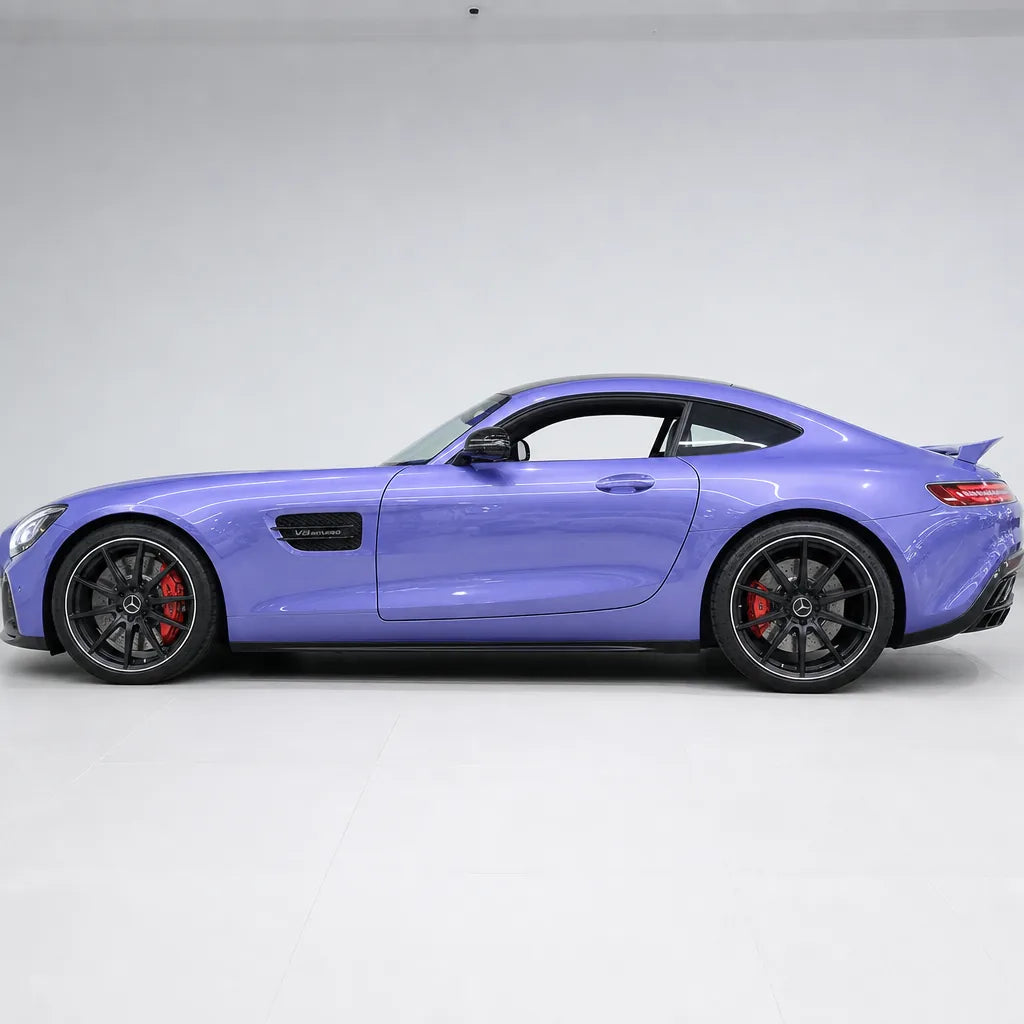 Glossy Victoria Secret Purple gloss colored PPF wrapped on a Mercedes-AMG GT side profile | Veloro