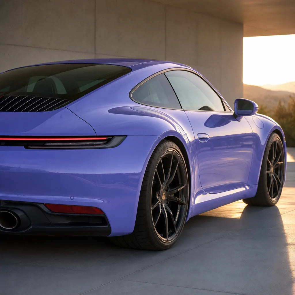 Luxury car wrapped in Glossy Victoria Secret Purple gloss colored PPF at golden hour | Veloro